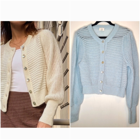 Aritzia Sweaters - Aritzia Wilfred Alessia Alpaca Wool Fuzzy Blue Cropped Cardigan M Round Neck